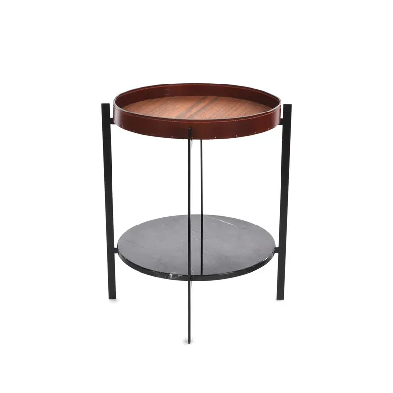 Deck tray table, teak. black stand. white marbleshelf Worldwide Shipping