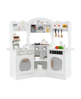 Corner Wooden Play Kitchen with Coffee Maker, Sink, and Slide for Kids - White Cheap