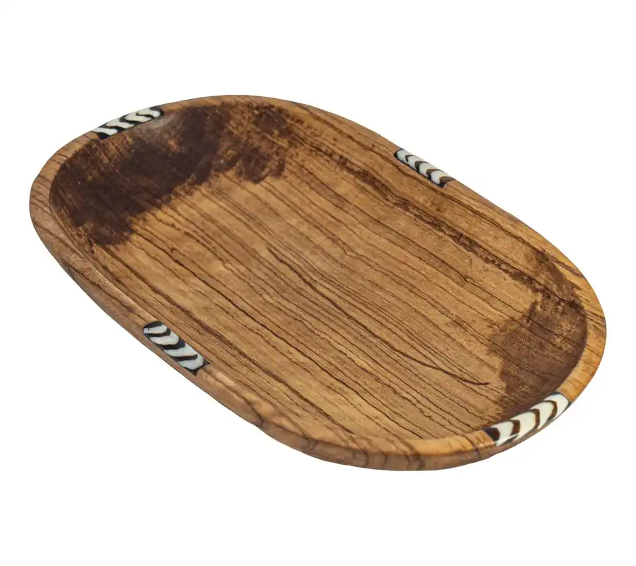 Bargain Global Crafts XL Oval Olive Wood Bowl with BoneInlay Accent