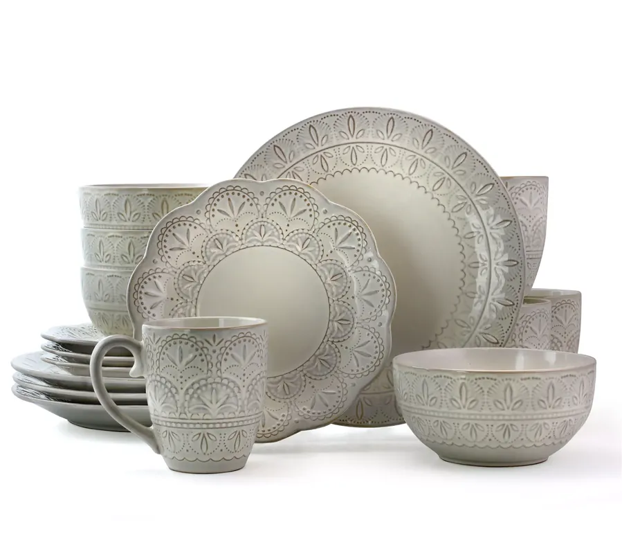 Get Yours Elama White Lace 16-Piece Scallop Stoneware Dinnerware Set