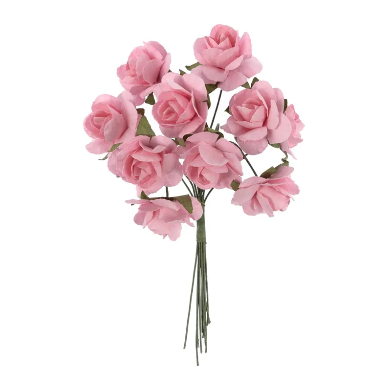 Handmade Mini Pink Open Rose Wired Floral Picks 10 Pack