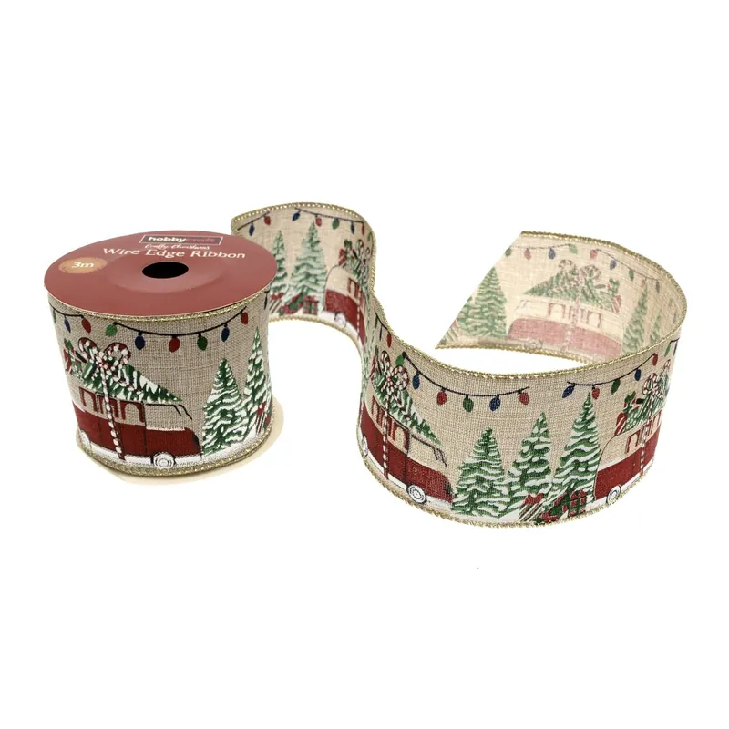 In Demand Christmas Campervan Wire Edge Printed Ribbon 63mm x 3m