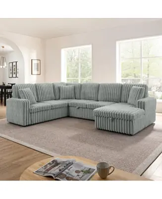Cheap Streamdale Grey Corduroy U-shaped Sofa with Pull-out Bed & Storage Chaise