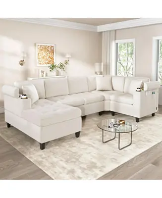 Modern U-Shaped Sectional Sofa with USB & Storage, Beige Flash Sale