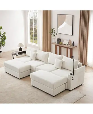 Shop Now 123" Modern Sectional Sofa w/ Storage, Ottomans, USB, Cup & Phone Holders
