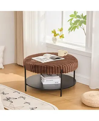 Premium Upholstered Round Ottoman Coffee Table with Storage Shelf - Brown
