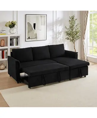 Time-Limited Corduroy Sleeper Sectional Sofa with Storage Chaise - Black