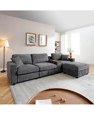 Factory Price Oversized L-Shaped Sectional Sofa with Drop Down Table & Storage Ottoman