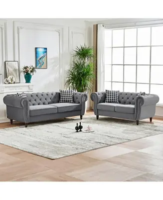 Streamdale Chesterfield Velvet Sofa Set, Roll Arm, Nailhead Trim, Gray In Demand