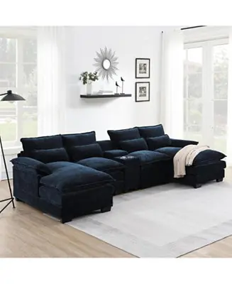 Modern U-Shaped Sectional Sofa with Console, USB, Chenille Cloud Couch Fresh Stock