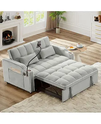 2-Seater Sofa Bed with Pull Out Sleeper, USB & Type-C Charging, Adjustable Backrest, Modern Velvet Loveseat for Small Spaces Latest