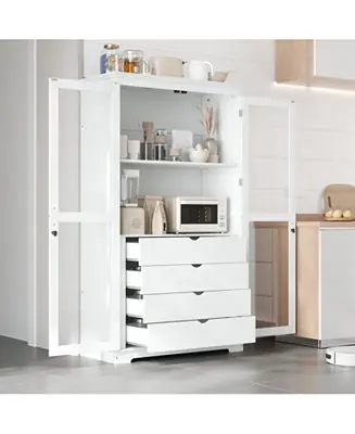 Kitchen Pantry Cabinet with Glass Doors & Drawers - White Limited Offer