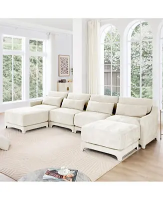 Beige Chenille 4-Seater Sofa with Ottoman Low Price