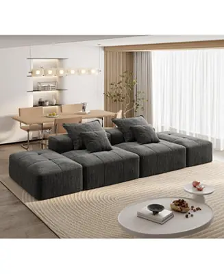 Modern Chenille Sectional Sofa w/ 2 Ottomans & Pillows - BLACK Express Delivery