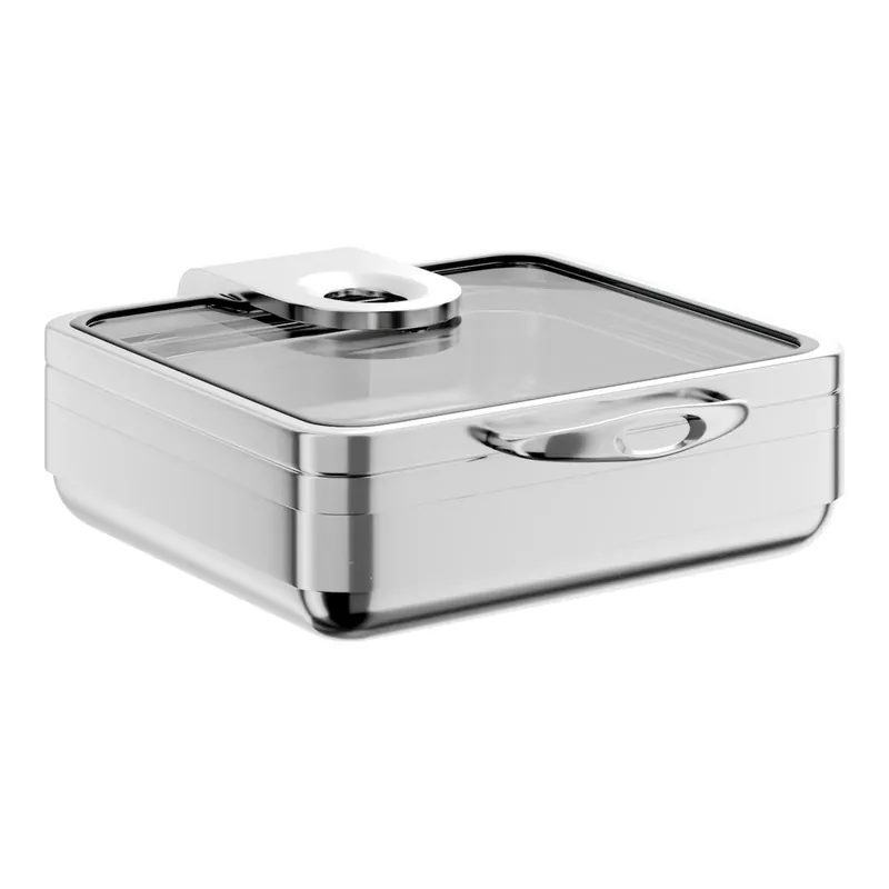 Budget Acopa Manchester 6 Qt. 2/3 Size Square Stainless Steel Induction Chafer with Glass Top and Soft Close Lid