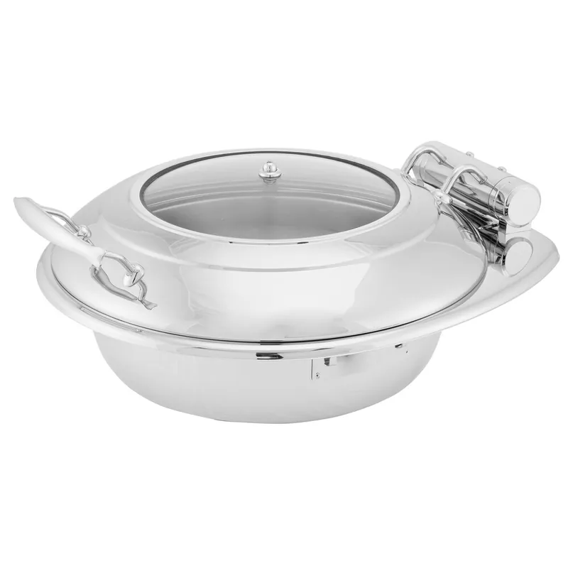 Budget Walco Idol from Steelite International WLWI6UGT 7 Qt. Round Stainless Steel Chafer with Body, Glass Top Lid, Food Pan, and Spoon Holder
