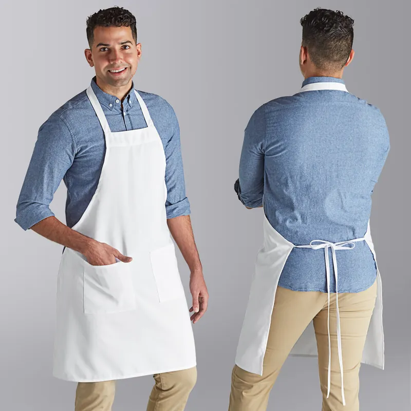 Choice White Polyester Standard Bib Apron with 2 Pockets - 34" x 30" Viral