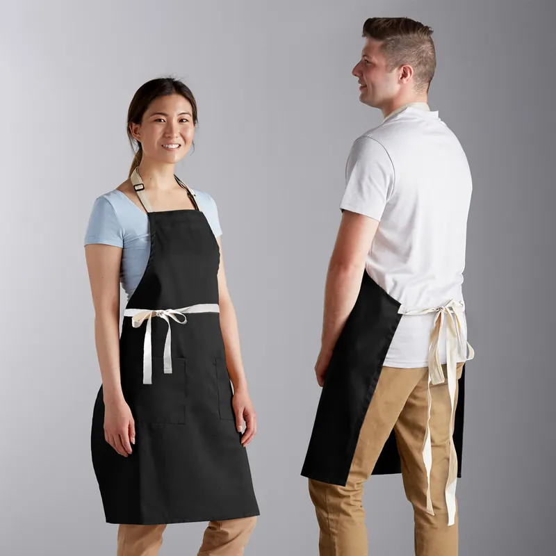 Direct From Factory Choice Black Poly-Cotton Adjustable Bib Apron with 2 Pockets and Natural Webbing Accents - 32" x 30"