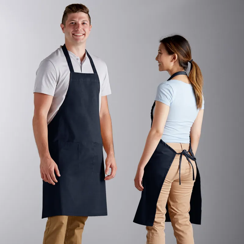Same Day Shipping Choice Navy Blue Poly-Cotton Standard Bib Apron with 2 Pockets - 34" x 30"