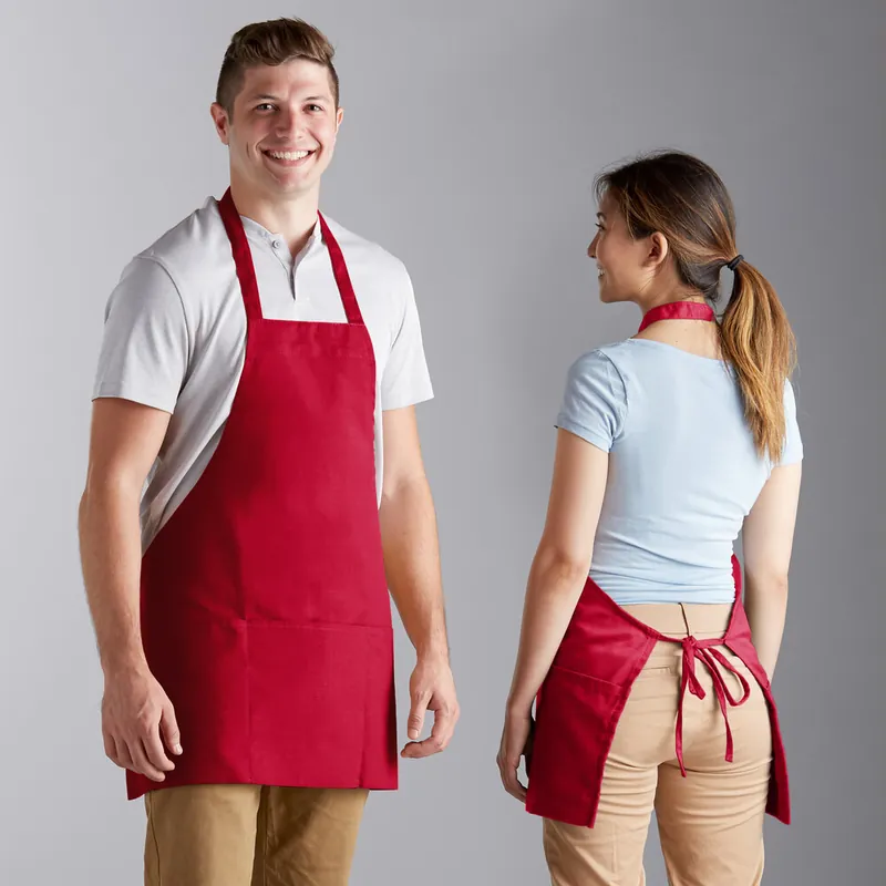 Final Sale Choice Red Poly-Cotton Front of House Bib Apron with 3 Pockets - 25" x 28"